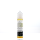A mister e-liquid bottle is placed on a reflective surface and against a white background. The bottle outlines the ingredients and the warning label. 