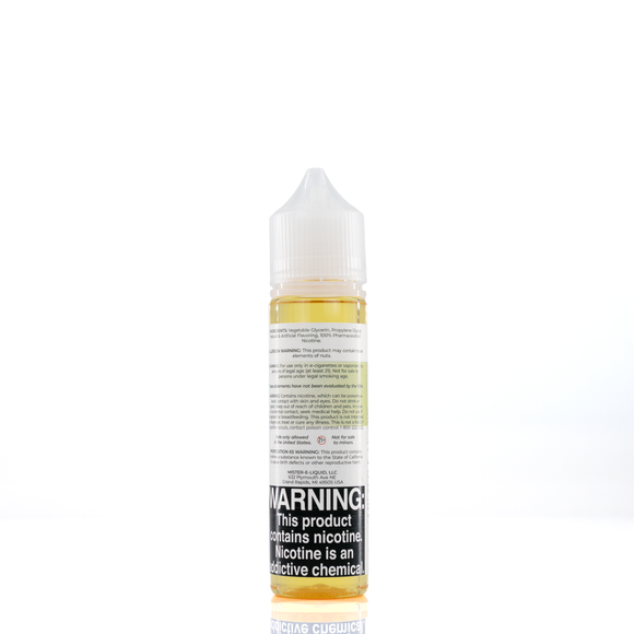 A mister e-liquid bottle is placed on a reflective surface and against a white background. The bottle outlines the ingredients and the warning label. 