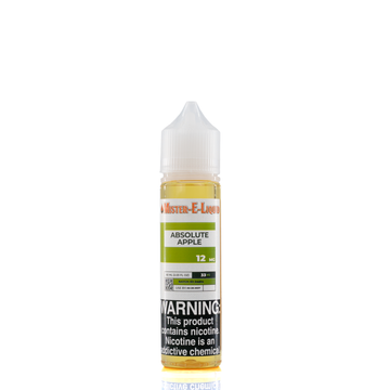 A 12mg mister e-liquid bottle of 'absolute apple' is placed on a reflective surface and against a white background. The label is green, grey, and white.