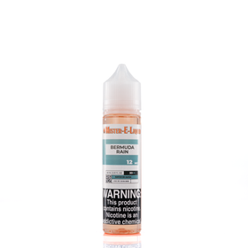 A 12mg mister e-liquid bottle of 'bermuda rain' is placed on a reflective surface and against a white background. The label is blue, grey, and white.