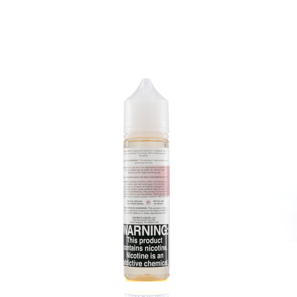 A mister e-liquid bottle is placed on a reflective surface and against a white background. The bottle outlines the ingredients and the warning label. 