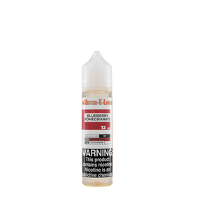 A 12mg mister e-liquid bottle of 'blueberry pomegranate' is placed on a reflective surface and against a white background. The label is red, grey, and white.