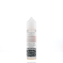 A mister e-liquid bottle is placed on a reflective surface and against a white background. The bottle outlines the ingredients and the warning label. 