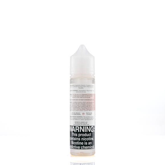 A mister e-liquid bottle is placed on a reflective surface and against a white background. The bottle outlines the ingredients and the warning label. 