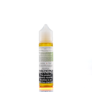 A mister e-liquid bottle is placed on a reflective surface and against a white background. The bottle outlines the ingredients and the warning label. 