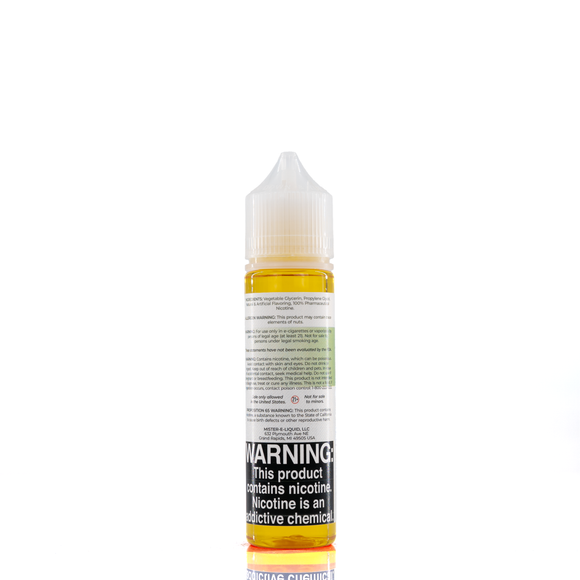 A mister e-liquid bottle is placed on a reflective surface and against a white background. The bottle outlines the ingredients and the warning label. 