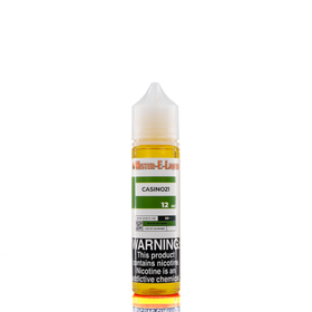 A 12mg mister e-liquid bottle of 'casino21' is placed on a reflective surface and against a white background. The label is green, grey, and white.