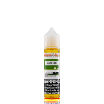 A 12mg mister e-liquid bottle of 'casino21' is placed on a reflective surface and against a white background. The label is green, grey, and white.