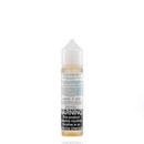 A mister e-liquid bottle is placed on a reflective surface and against a white background. The bottle outlines the ingredients and the warning label. 