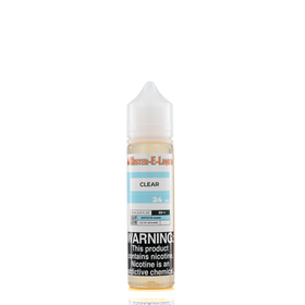 A 24mg mister e-liquid bottle of 'clear' is placed on a reflective surface and against a white background. The label is blue, grey, and white.