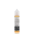 A mister e-liquid bottle is placed on a reflective surface and against a white background. The bottle outlines the ingredients and the warning label. 