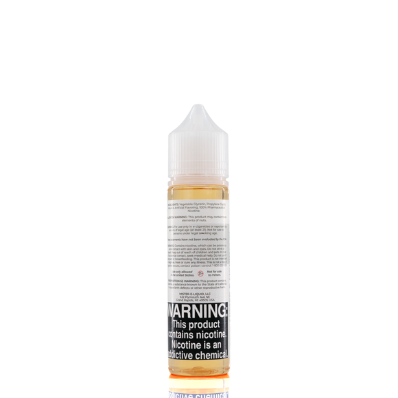 A mister e-liquid bottle is placed on a reflective surface and against a white background. The bottle outlines the ingredients and the warning label. 