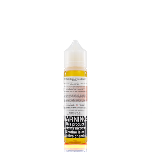 A mister e-liquid bottle is placed on a reflective surface and against a white background. The bottle outlines the ingredients and the warning label. 