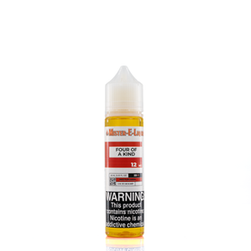 A 12mg mister e-liquid bottle of 'four of a kind' is placed on a reflective surface and against a white background. The label is red, grey, and white.