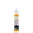 A mister e-liquid bottle is placed on a reflective surface and against a white background. The bottle outlines the ingredients and the warning label. 