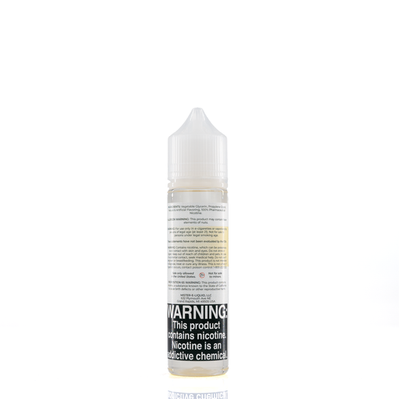 A mister e-liquid bottle is placed on a reflective surface and against a white background. The bottle outlines the ingredients and the warning label. 