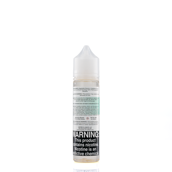 A mister e-liquid bottle is placed on a reflective surface and against a white background. The bottle outlines the ingredients and the warning label. 