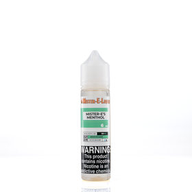 A 6mg mister e-liquid bottle of 'mister-e's menthol' is placed on a reflective surface and against a white background. The label is teal, grey, and white.