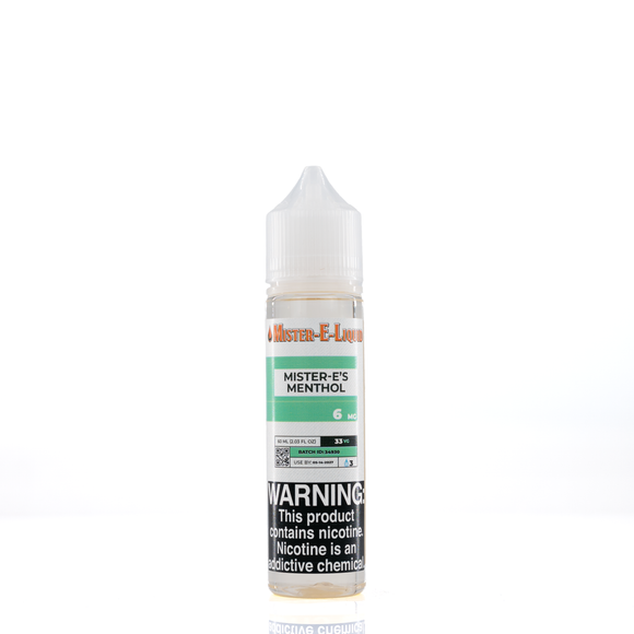 A 6mg mister e-liquid bottle of 'mister-e's menthol' is placed on a reflective surface and against a white background. The label is teal, grey, and white.