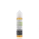A mister e-liquid bottle is placed on a reflective surface and against a white background. The bottle outlines the ingredients and the warning label. 