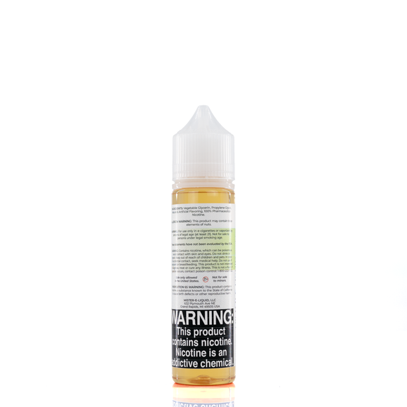 A mister e-liquid bottle is placed on a reflective surface and against a white background. The bottle outlines the ingredients and the warning label. 