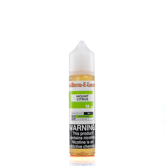 A 12mg mister e-liquid bottle of 'mount citrus' is placed on a reflective surface and against a white background. The label is green, grey, and white.