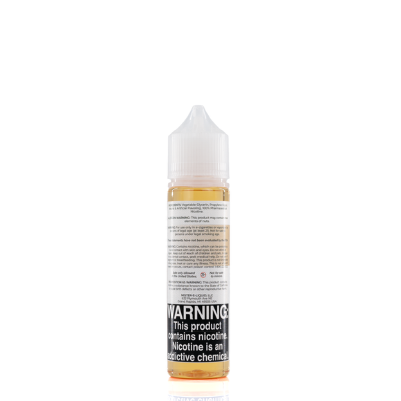 A mister e-liquid bottle is placed on a reflective surface and against a white background. The bottle outlines the ingredients and the warning label. 