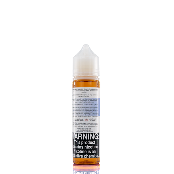 A mister e-liquid bottle is placed on a reflective surface and against a white background. The bottle outlines the ingredients and the warning label. 