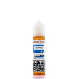 A 12mg mister e-liquid bottle of 'neptune' is placed on a reflective surface and against a white background. The label is blue, grey, and white.