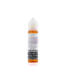 A mister e-liquid bottle is placed on a reflective surface and against a white background. The bottle outlines the ingredients and the warning label. 
