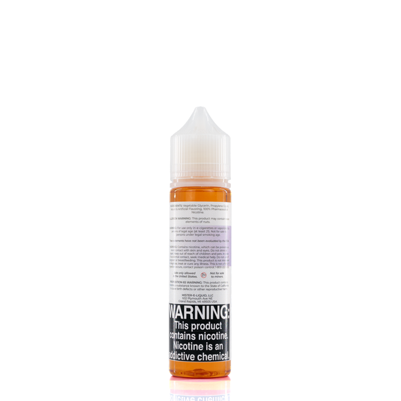 A mister e-liquid bottle is placed on a reflective surface and against a white background. The bottle outlines the ingredients and the warning label. 