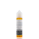 A mister e-liquid bottle is placed on a reflective surface and against a white background. The bottle outlines the ingredients and the warning label. 