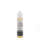 A mister e-liquid bottle is placed on a reflective surface and against a white background. The bottle outlines the ingredients and the warning label. 