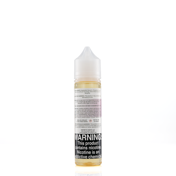 A mister e-liquid bottle is placed on a reflective surface and against a white background. The bottle outlines the ingredients and the warning label. 