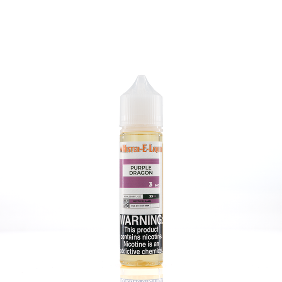 A 3mg mister e-liquid bottle of 'purple dragon' is placed on a reflective surface and against a white background. The label is purple, grey, and white.