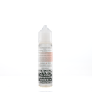 A mister e-liquid bottle is placed on a reflective surface and against a white background. The bottle outlines the ingredients and the warning label. 