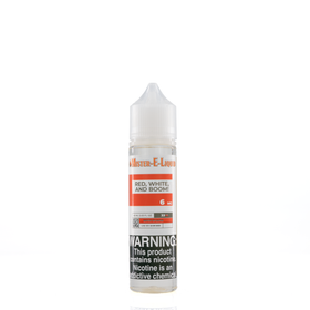 A 6mg mister e-liquid bottle of 'red, white, and boom' is placed on a reflective surface and against a white background. The label is red, grey, and white.