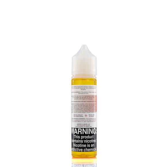 A mister e-liquid bottle is placed on a reflective surface and against a white background. The bottle outlines the ingredients and the warning label. 