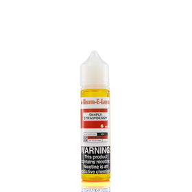 A 6mg mister e-liquid bottle of 'simply strawberry' is placed on a reflective surface and against a white background. The label is red, grey, and white.