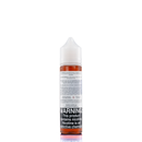 A mister e-liquid bottle is placed on a reflective surface and against a white background. The bottle outlines the ingredients and the warning label. 