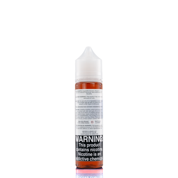 A mister e-liquid bottle is placed on a reflective surface and against a white background. The bottle outlines the ingredients and the warning label. 