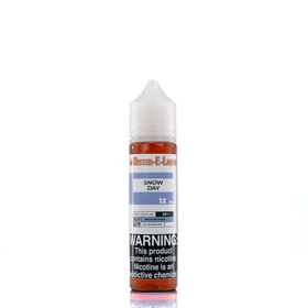 Mister e-liquid bottle is reflected on a surface, against a white background. The bottle has a blue and white label and reads 12 MG on the front of the label.