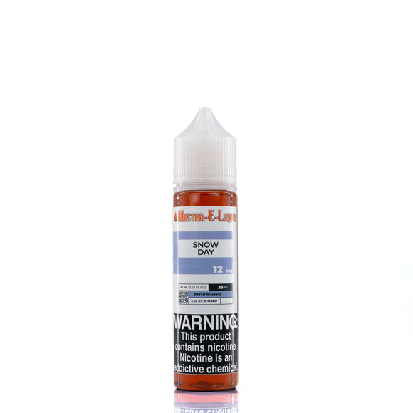 Mister e-liquid bottle is reflected on a surface, against a white background. The bottle has a blue and white label and reads 12 MG on the front of the label.