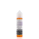 A mister e-liquid bottle is placed on a reflective surface and against a white background. The bottle outlines the ingredients and the warning label. 