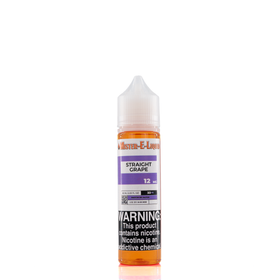 A 12mg mister e-liquid bottle of 'straight grape' is placed on a reflective surface and against a white background. The label is purple, grey, and white.