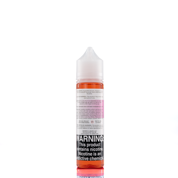 A mister e-liquid bottle is placed on a reflective surface and against a white background. The bottle outlines the ingredients and the warning label. 