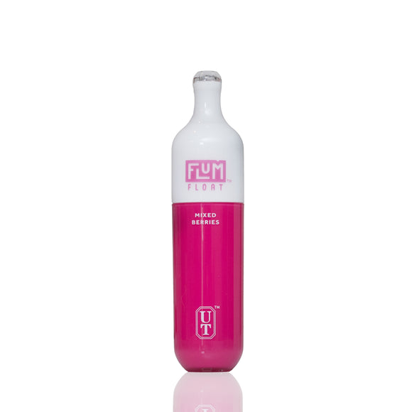 A single pc of Flum Float Mixed Berries on a clean white background with a subtle reflection below. The bottle has a white upper section with pink branding and a bright pink lower section.