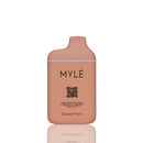 A peach-colored MYLÉ hair color bottle labeled 'Georgia Peach' on a clean white background with a soft reflection below.