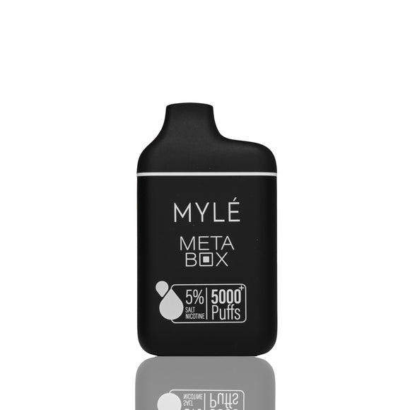 A black MYLÉ Meta Box disposable vape device with white text, shown on a clean white background with a soft reflection below.