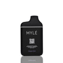 A black MYLÉ Grape Mint disposable vape device with white text and a thin white horizontal line, shown on a clean white background with a subtle reflection below.